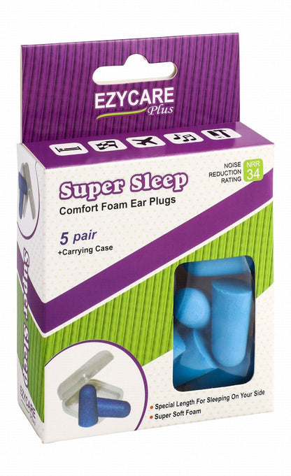 Ezycare Plus Super Sleep Comfort Foam Ear Plugs with Carrying Case NRR 34, 5 Pairs - Makkah Pharmacy