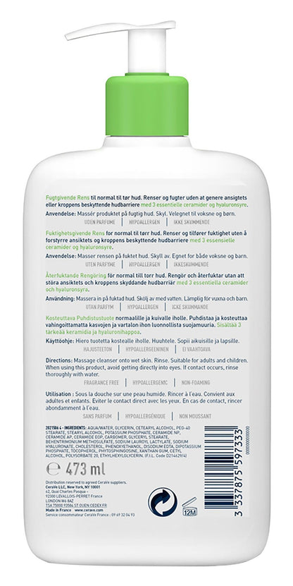 CeraVe Hypoallergenic Hydrating Face & Body Cleanser with Ceramides & Hyaluronic Acid, 473ml - Makkah Pharmacy