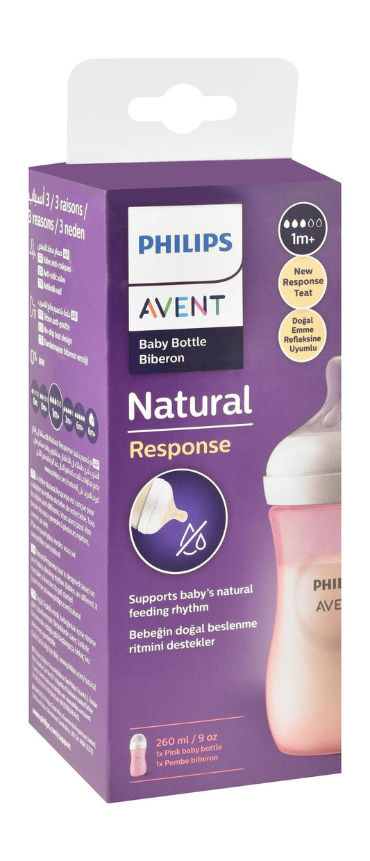 Philips Avent Natural Response White & Pink 260ml Anti-Colic Feeding Bottle (1+ Months), 1 Piece - Makkah Pharmacy