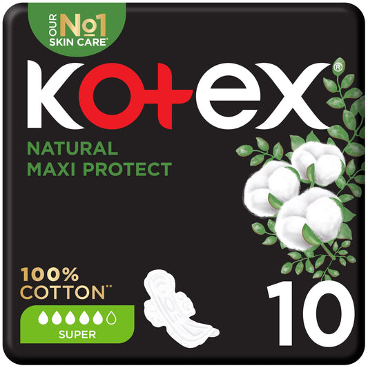 Kotex Hypoallergenic Super Maxi Protect Natural Cotton Sanitary Pads with Wings, 10 Pieces