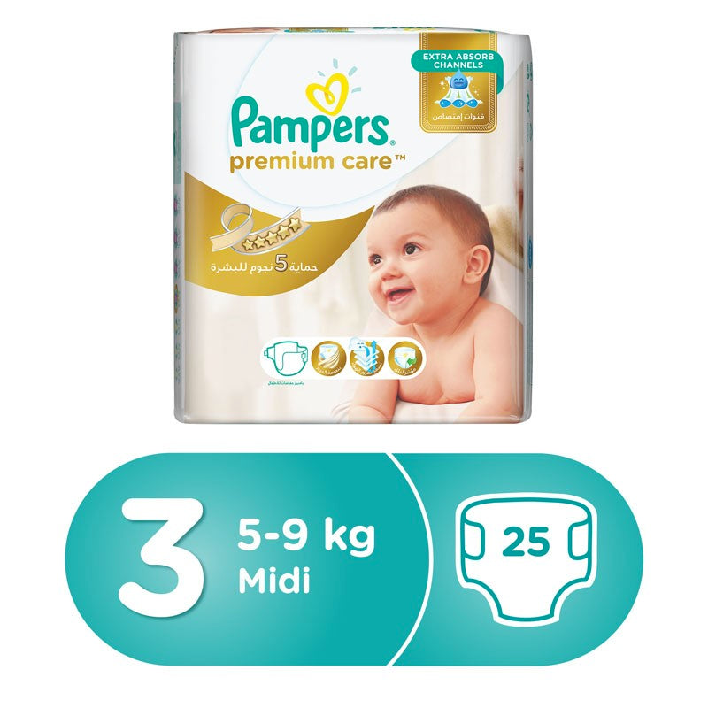 Pampers Premium Care Diapers, Size 3, Midi, 5-9 Kg, Carry Pack, 25 Count