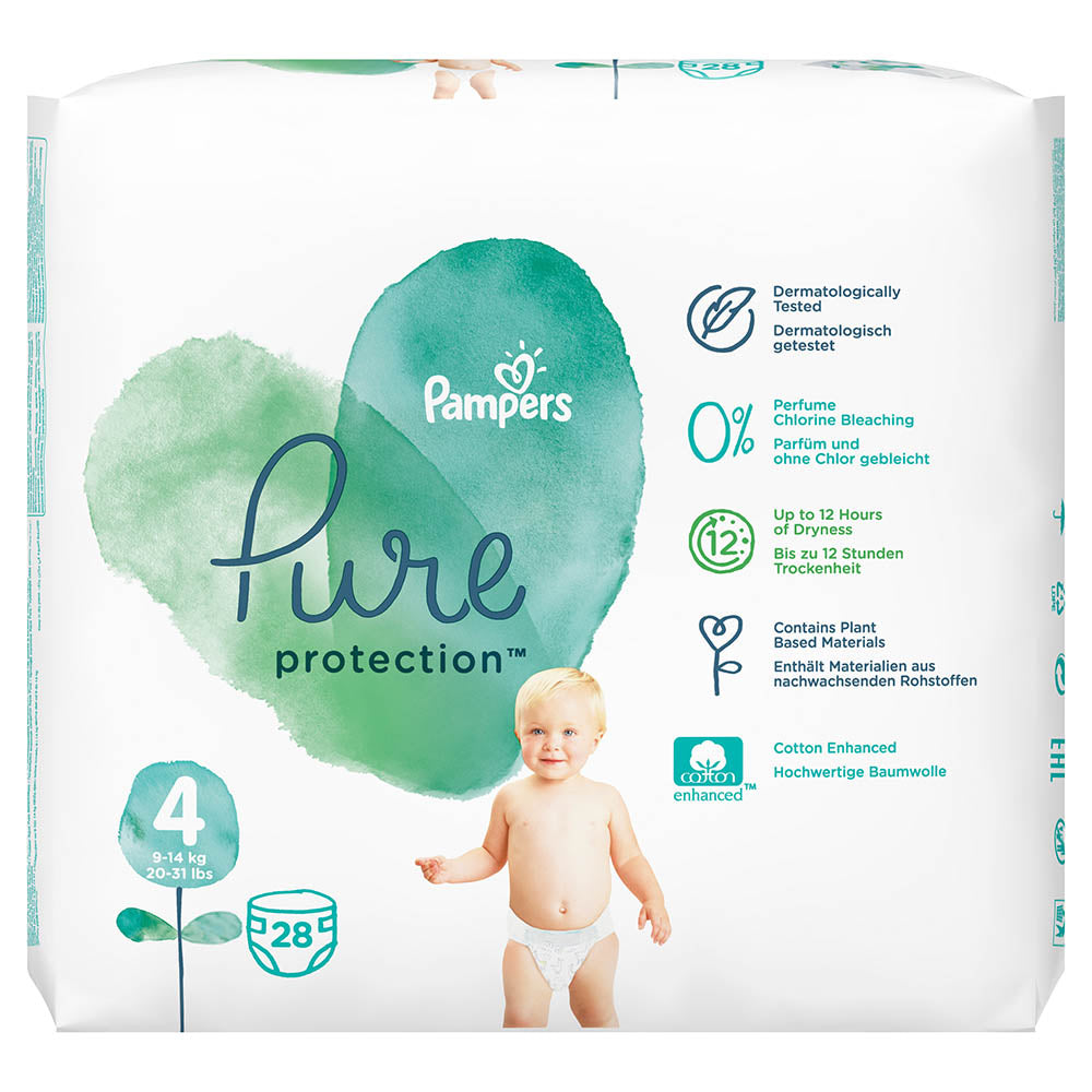 Pampers - Pure Protection Diapers, Size 4, 9-14Kg, 28 Count
