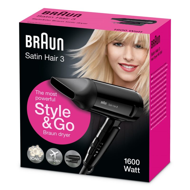 Satin Hair 3 Style&Go Travel Dryer HD350 With Ionic Function And Professional Style Nozzle.