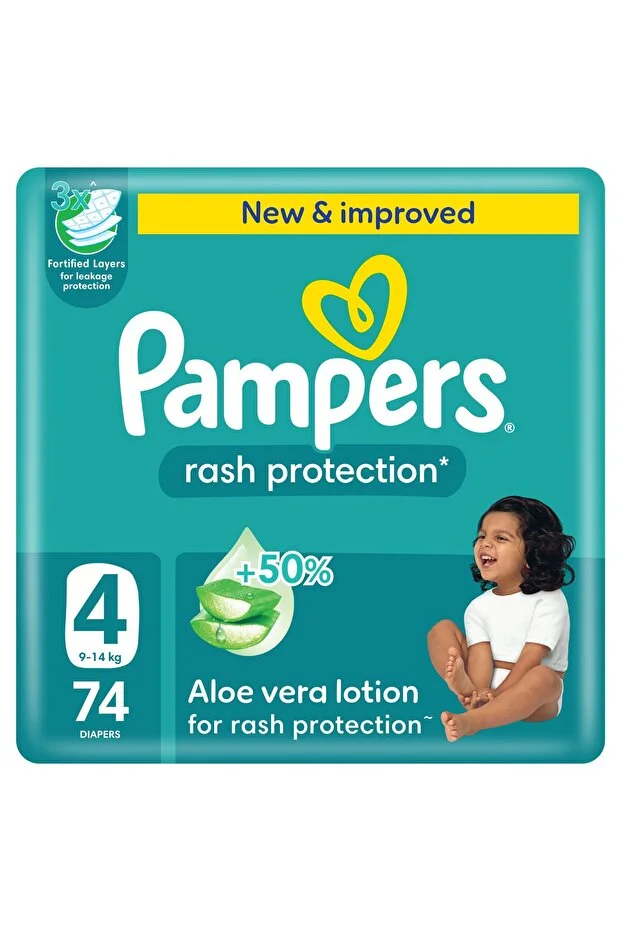 Pampers Rash Pro. Taped Diapers, S4, 9-14kg,+50% Aloe Vera Lotion, 3x Fortified Layers, Giant Pack, 74 Diapers