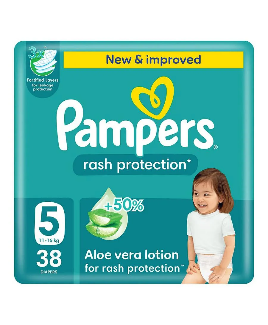 Pampers Rash Protection Tape Style Diapers with Aloe Vera, 38 Pieces, Size 5, 11-16kg - Up to 100 Percent 12 Hours Leak Protection, Wetness Indicator