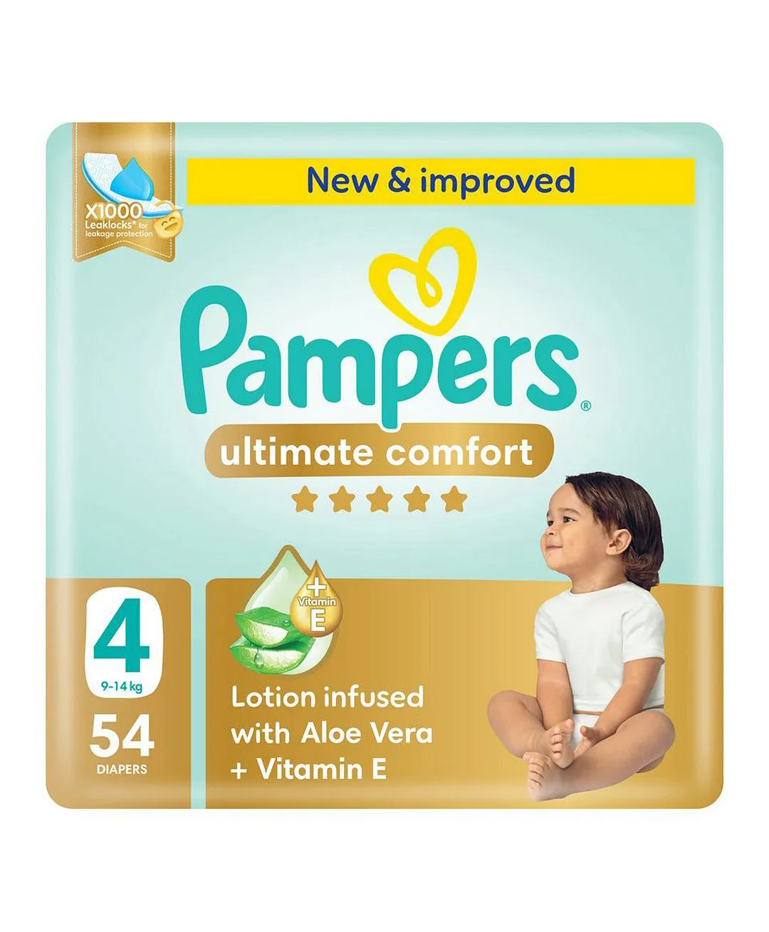 Pampers Ultimate Comfort Taped Diapers, Size 4, 9-14kg, Lotion infused with Aloe Vera and Vitamin E, x1000 Leak Locks Technology for Leakage Protection, Mega Pack, 54 Count