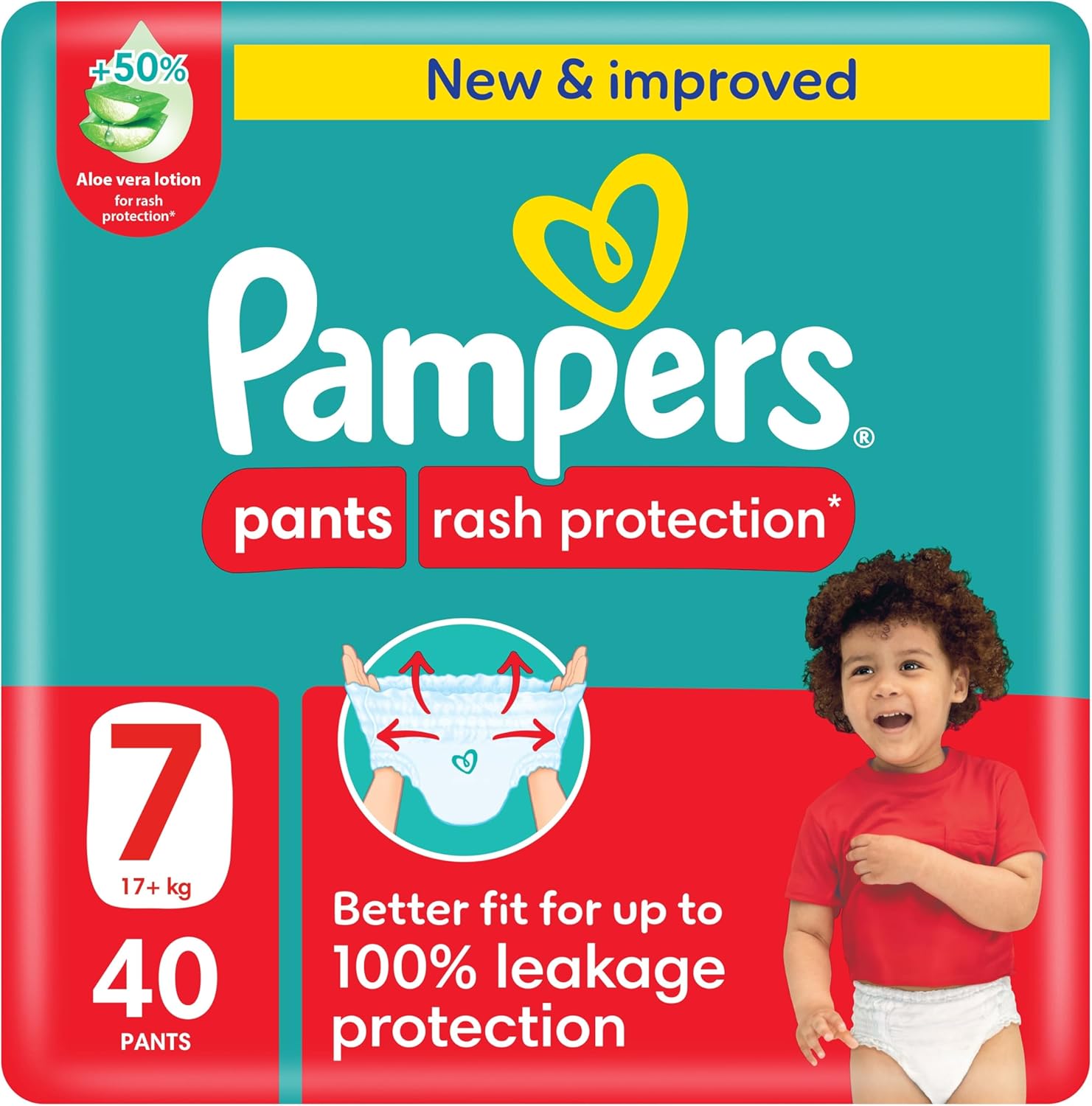 Pampers Rash Protection Pants Diapers, Size 7, 17+kg, +50% Aloe Vera Lotion, 360° Leak-Free Fit for up to 100% Leakage Protection, Jumbo Pack, 40 Count.