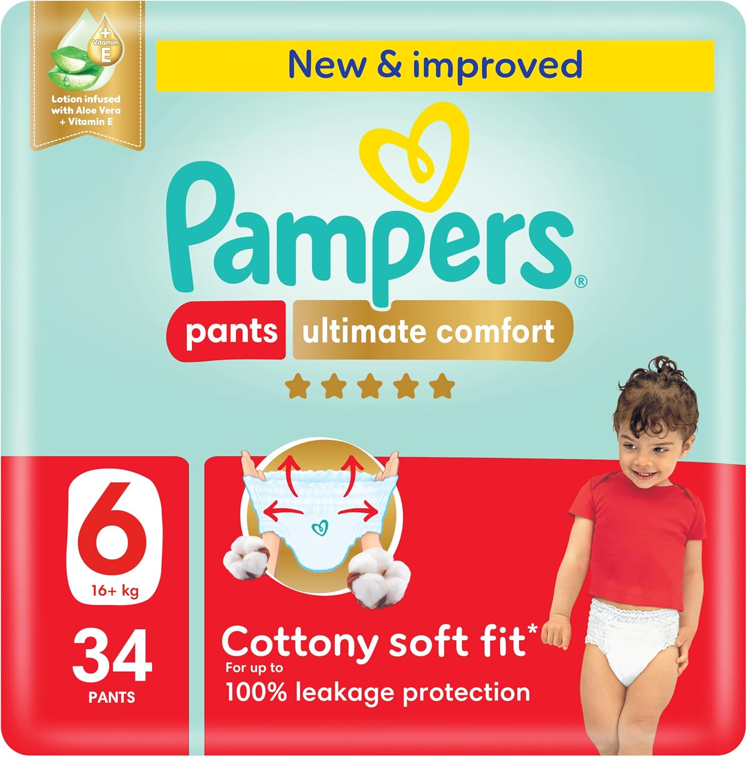 Pampers Ultimate Comfort Pants Diapers, Size 6, 16-21kg, Lotion infused with Aloe Vera and Vitamin E, Cottony Soft Fit for up to 100% Leakage Protection, Super Saving Pack, 34 Count