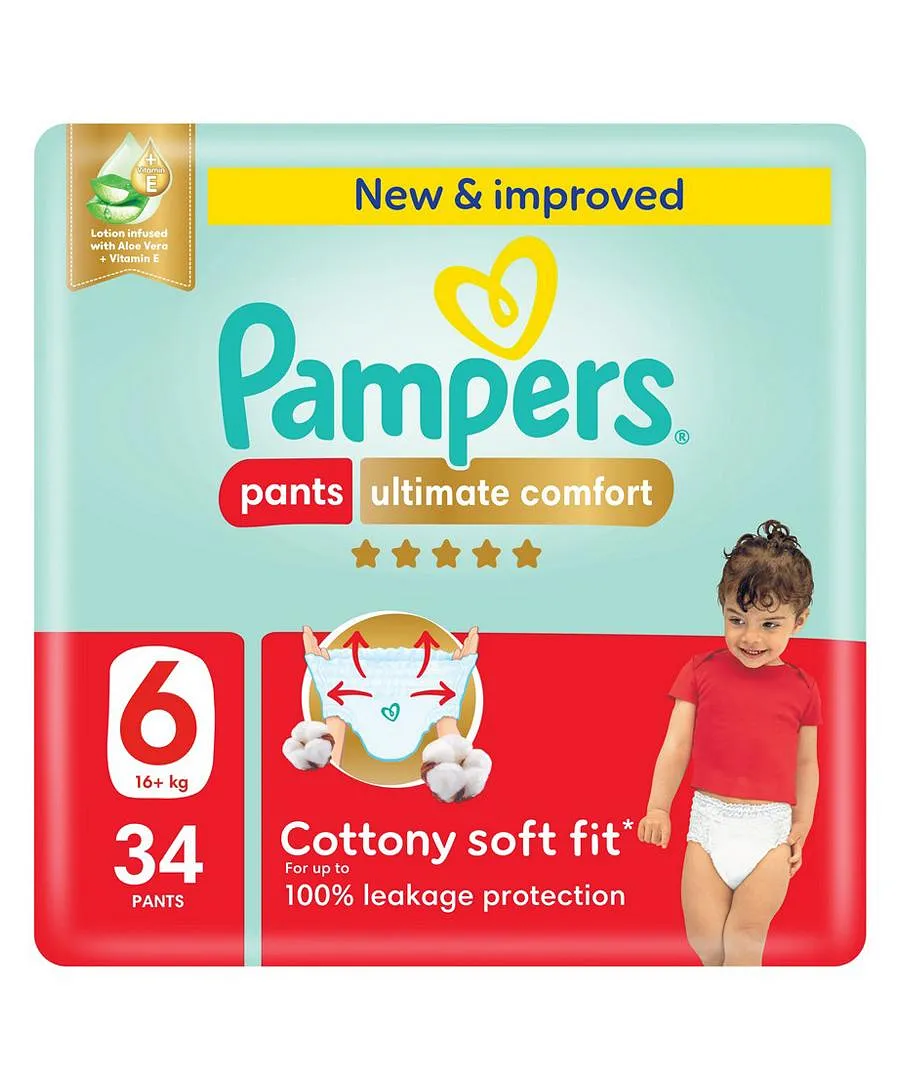 Pampers Ultimate Comfort Pants Diapers, Size 6, 16+kg, Lotion infused with Aloe Vera and Vitamin E, Cottony Soft Fit for up to 100% Leakage Protection, 34 Count