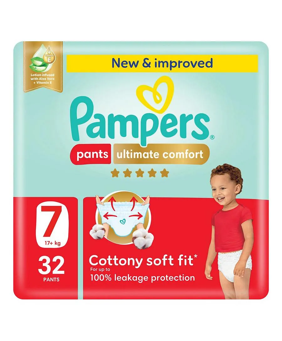 Pampers Ultimate Comfort Pants Diapers, Size 7, 32 Count, Lotion infused with Aloe Vera and Vitamin E, Cottony Soft Fit for up to 100% Leakage Protection, Super Saving Pack